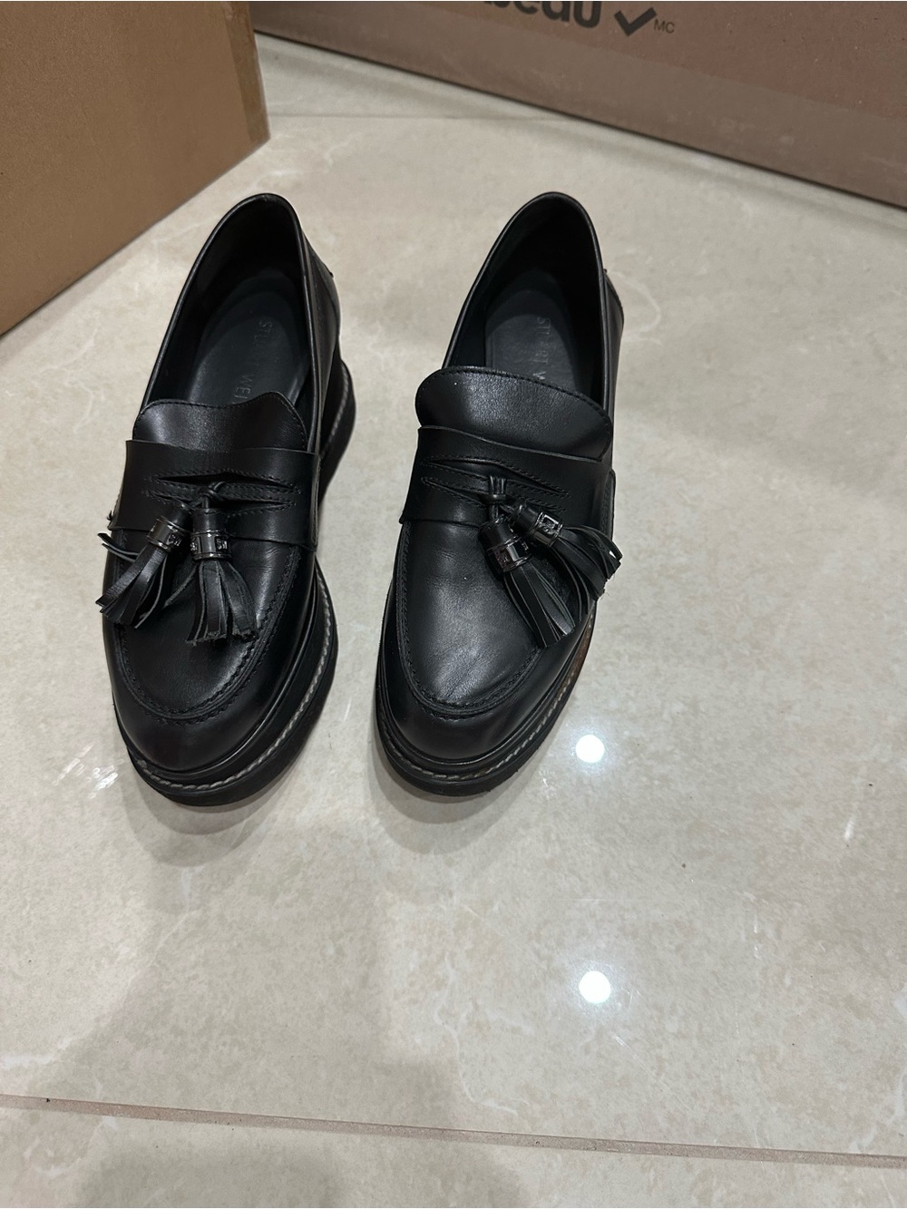 Stuart Weitzman Black Leather Tassel Loafers